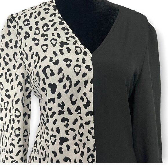 Shein Black White Animal Print Colorblock Blouse US SIZE 6 Casual Long Sleeve - Picture 2 of 6